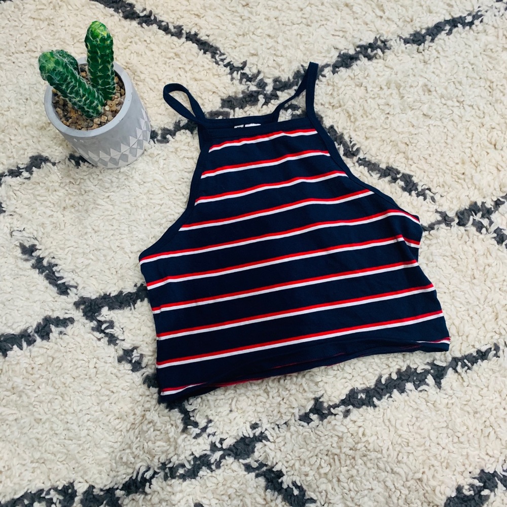 red blue and white striped cropped tank top